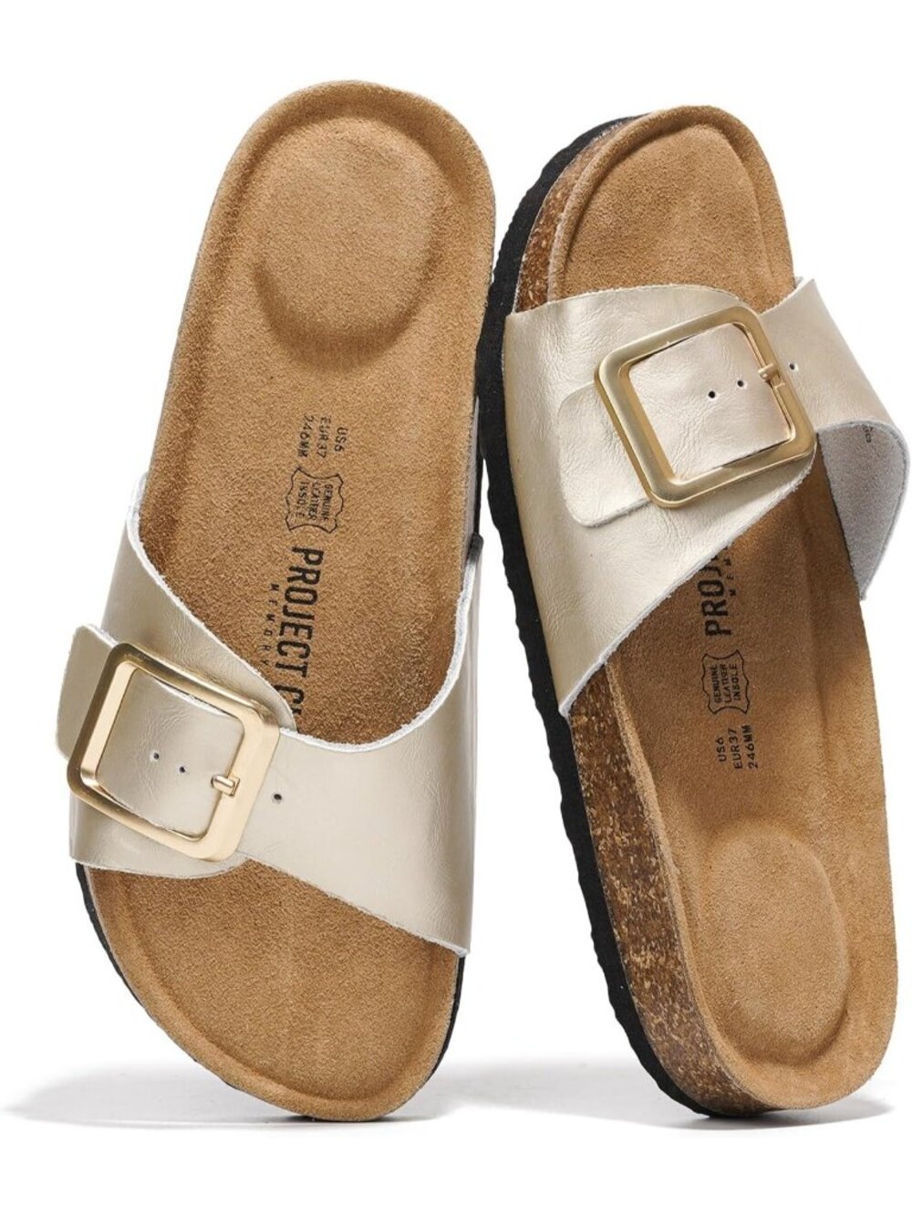 🆕 Women's Champagne Metallic Shimmer Cork Footbed Open Toe Flat Shoes